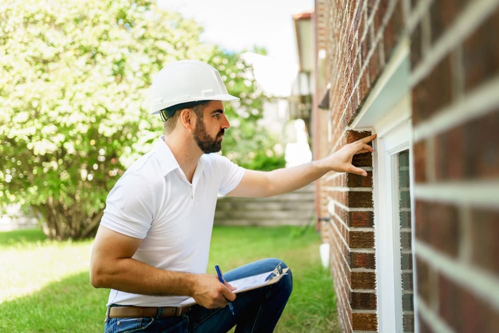 A man with a white hard hat holding a clipboard, inspect house
